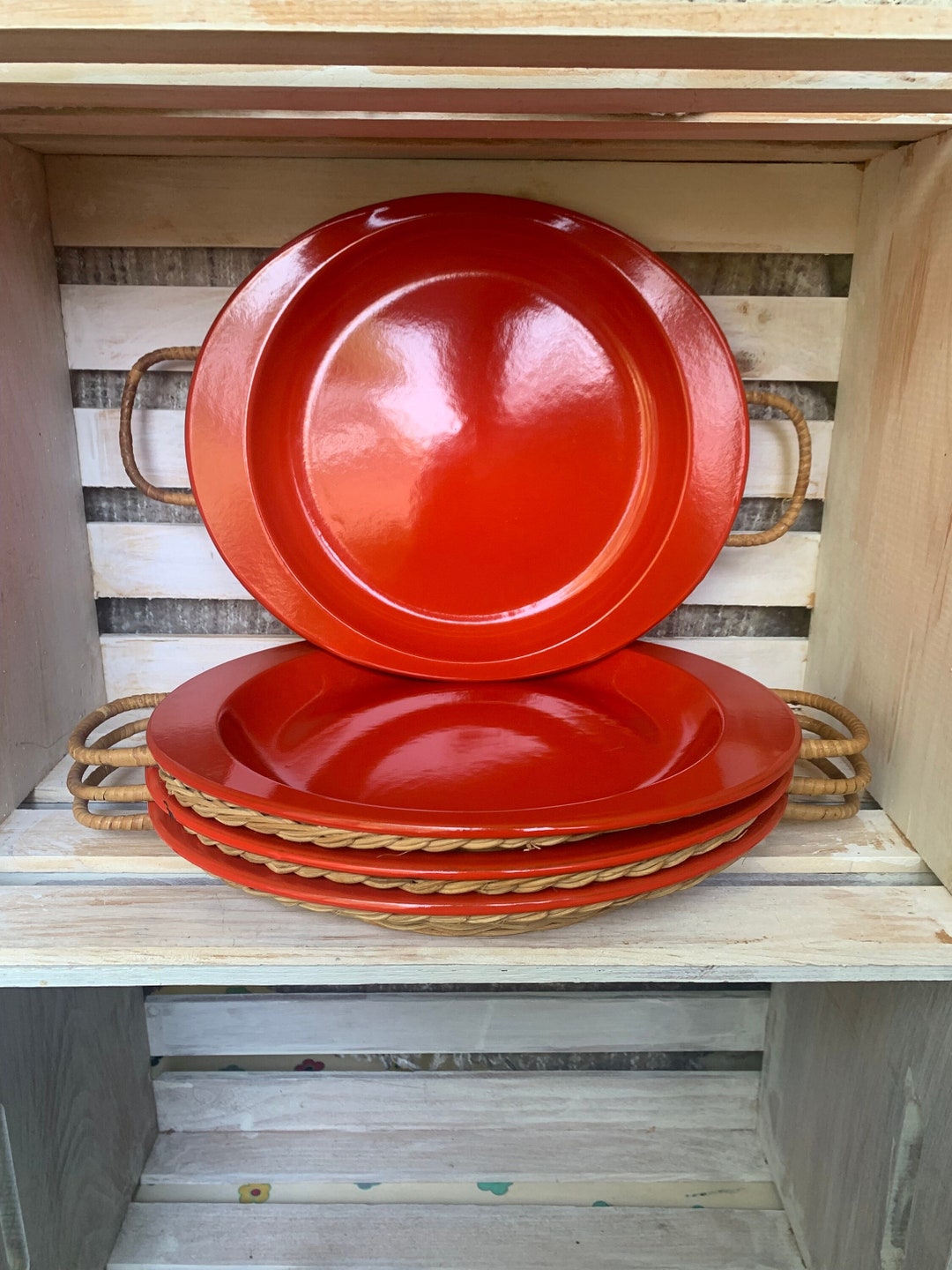 Vintage Enamel Ware Snack Tray Set Wicker Set of 4 Plates Etsy