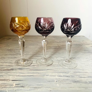 Bohemian Czech Cut To Clear Crystal Cordial Glasses Amber Purple Red Elegant Aperitif Glasses