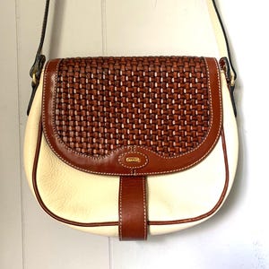 Bally Vintage Handbag Two Tone Woven Crossbody Cream Brown Leather