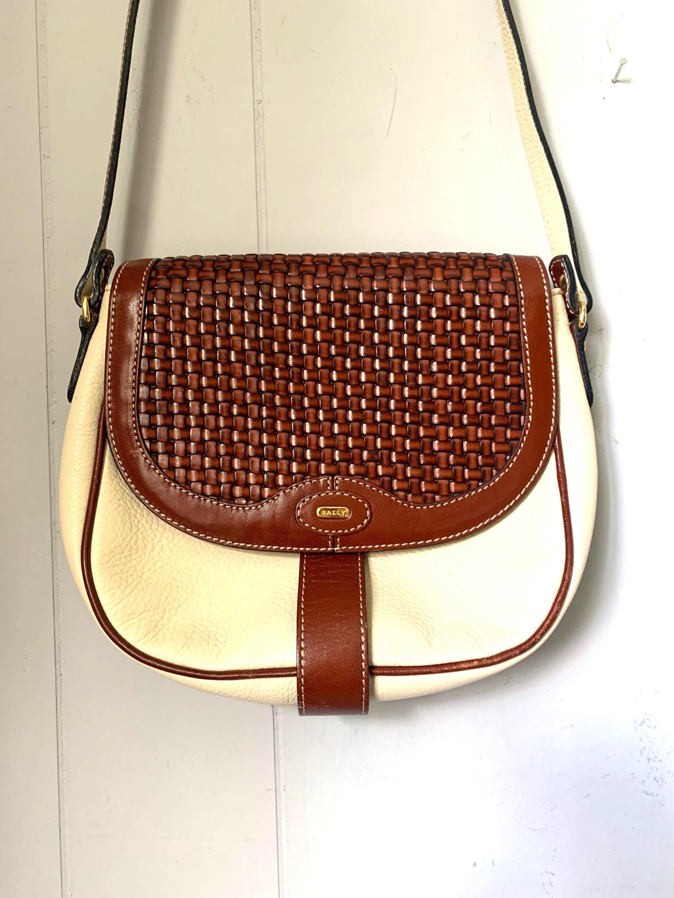 Bally Vintage Handbag Two Tone Woven Crossbody Cream Brown Leather