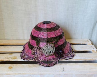 Vintage Root Beer Glass Seed Bead Ladies Sunday Hat Lamp 