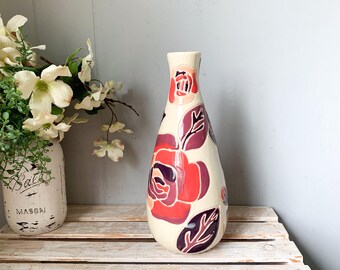 Vintage Floral Incised Enamel Art Pottery Vase Autumn Colors 11”