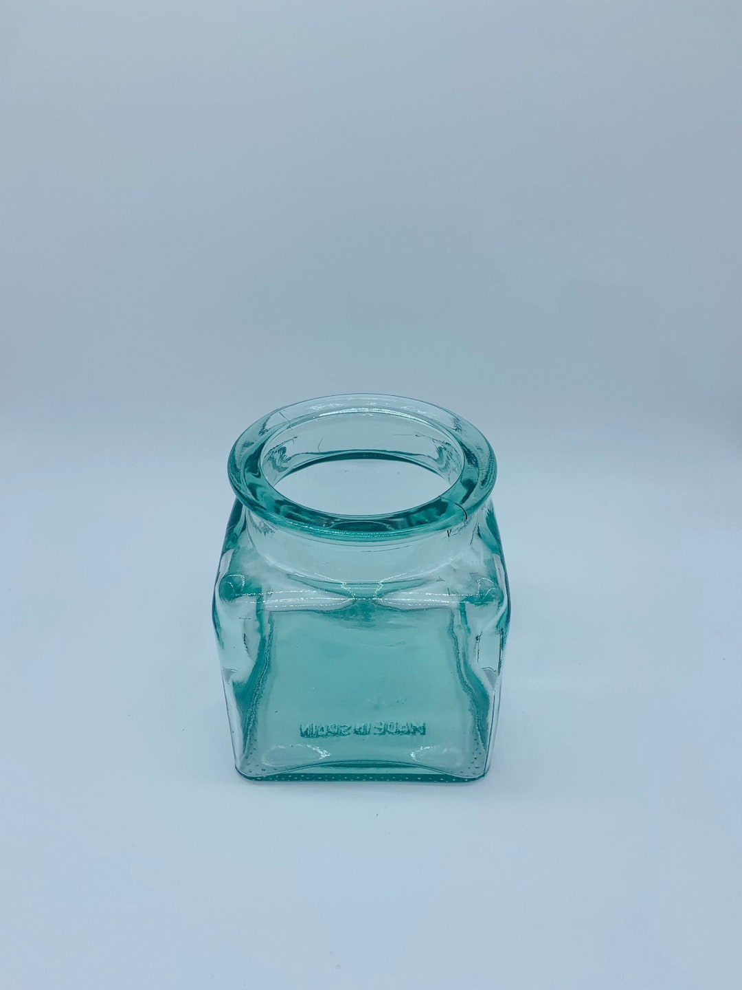 Aqua Green Glass Jar Made in Spain Square Kitchen Storage Glass