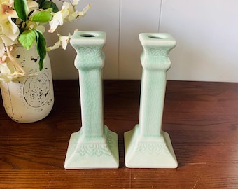 Vintage Celadon Candle Holders (2) Light Green Beautiful Home Decor 8”