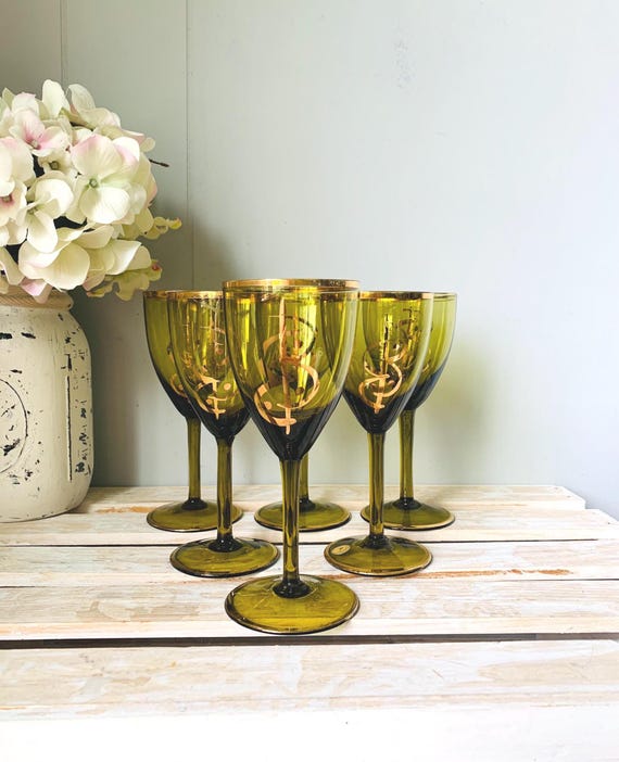 ボヘミアンワイングラス6個 ヴィンテージ ボヘミアン オリーブグリーン