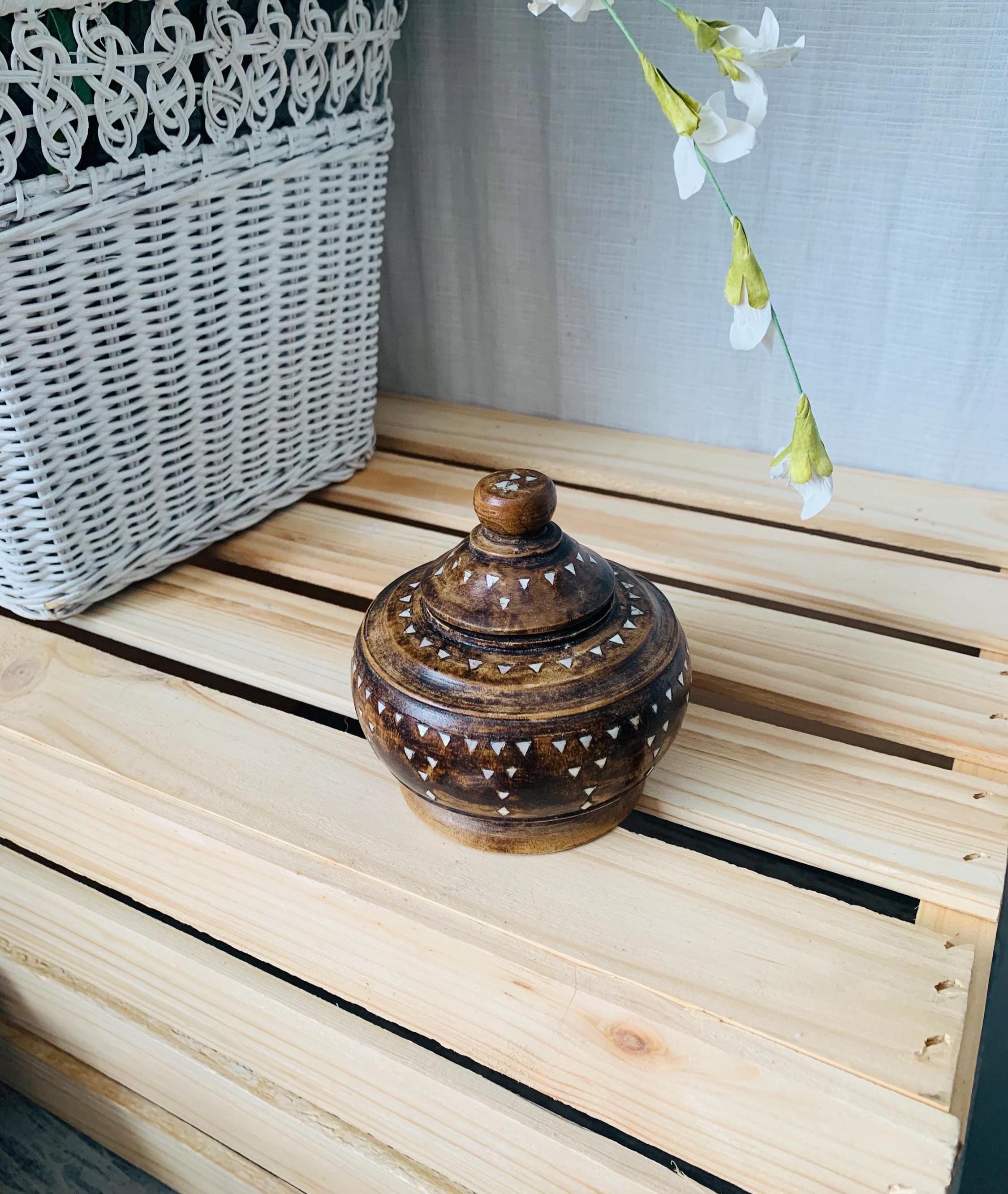 Vintage Lombok Wood Container: Inlaid Mother of Pearl, Boho