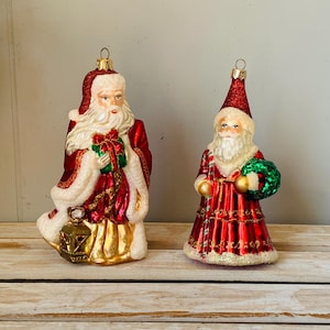 Vintage Mouth Blown Glass Polish Santa Ornaments (2)  Presents Lantern Red Robe Elegant Christmas Ornaments