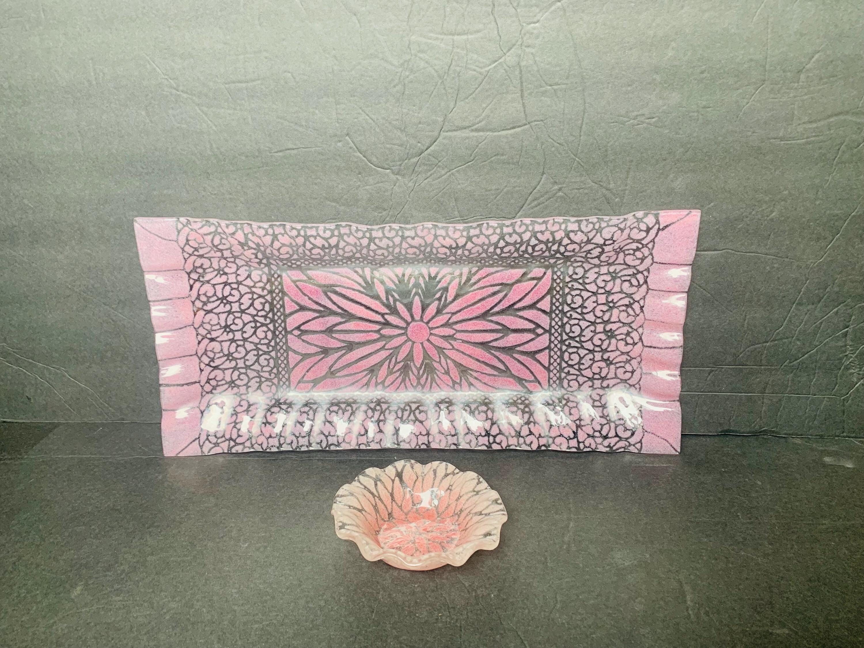 Sydenstricker Pink Tray And Small Bowl Pink Mandala Design Fused Glass Rectangle Vanity Tray