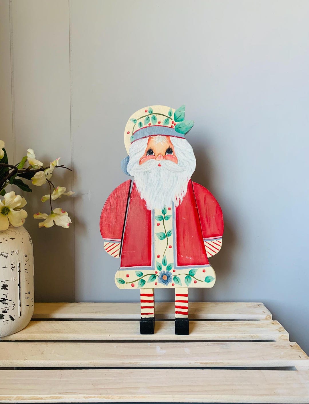 Folk Art Santa Wood Moveable Arms Vintage Christmas Display Hand ...