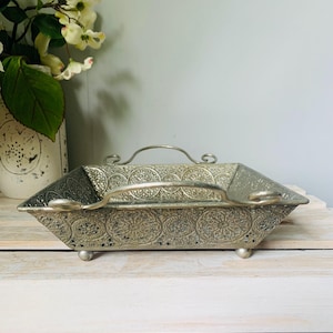 Vintage Silver Metal Mirrored Vanity Tray Perfume Tray Footed Handles Elegant Bedroom Bathroom Decor