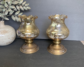 Vintage Amber Glass Hurricane Lamps, Etched Ruffled Rim, Brass Base Victorian Colonial Home Decor