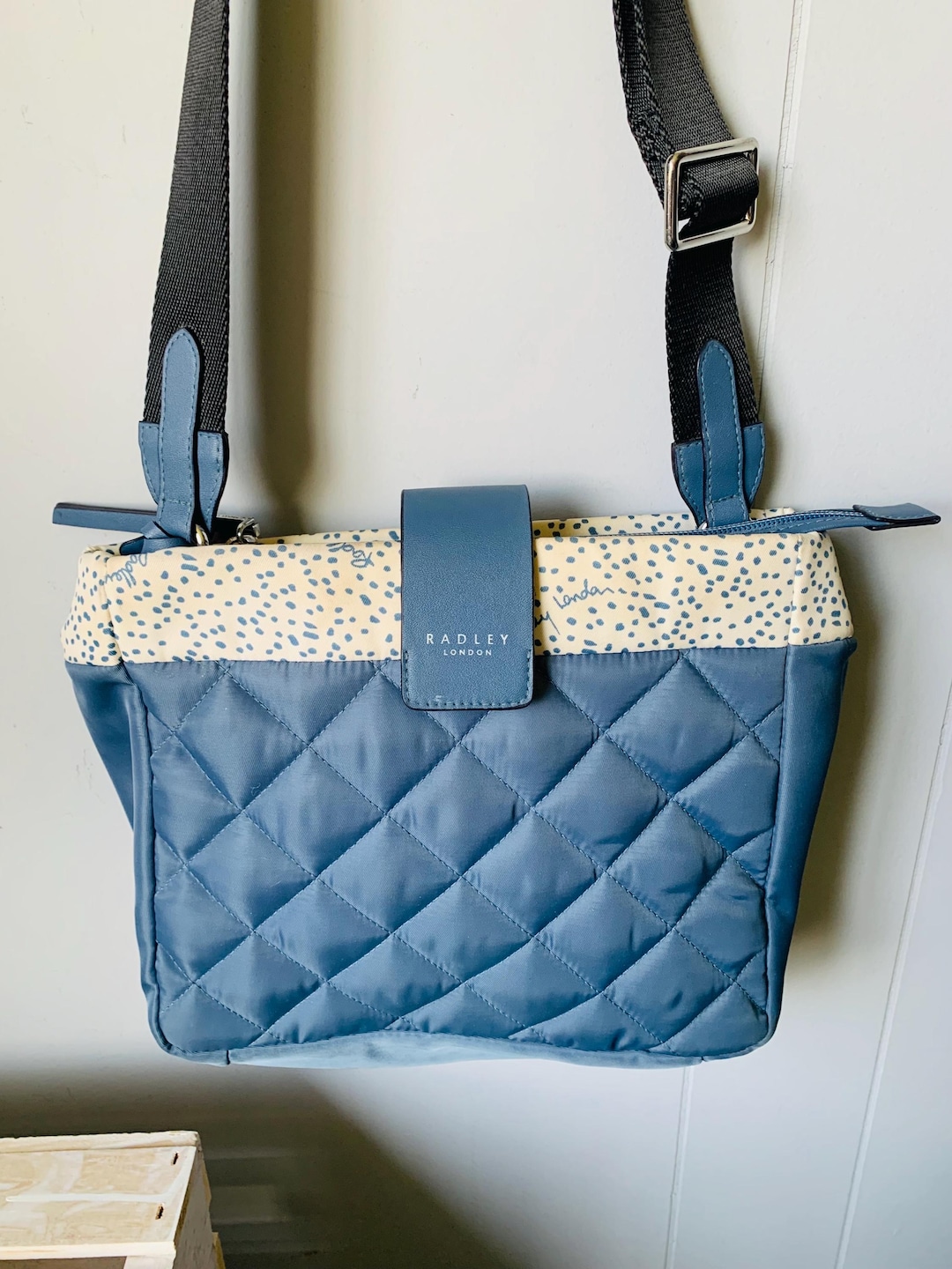 Radley London Quilted Crossbody Bag: Blue Polka Dot Vegan Leather