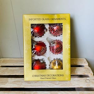 Vintage Red & Gold Glass Christmas Ornaments - Box of 6