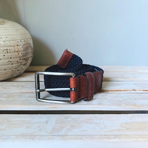Perry Ellis Portfolio Mens Blue Woven Canvas & Brown Leather Belt Size 38-40 Brushed Silver Buckle HP86100 Nice Condition!