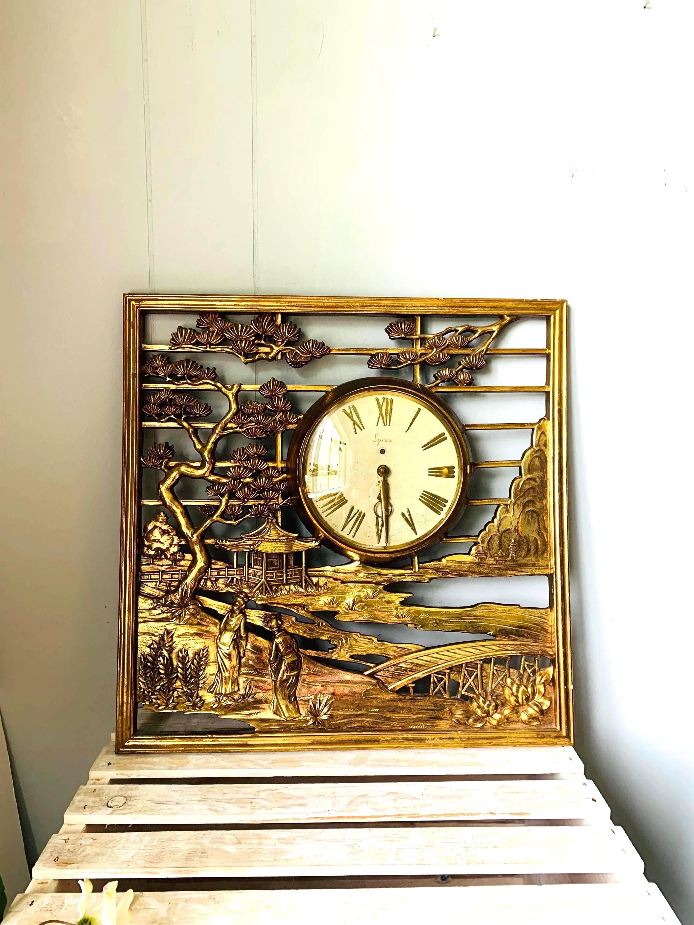 Vintage Syroco Wall Clock Chinoiserie Wall Panel Gold Asian Garden
