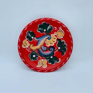 Vintage Norwegische Rosemaling Holzplatte Rotes Blumenmuster 23 cm Wanddekor