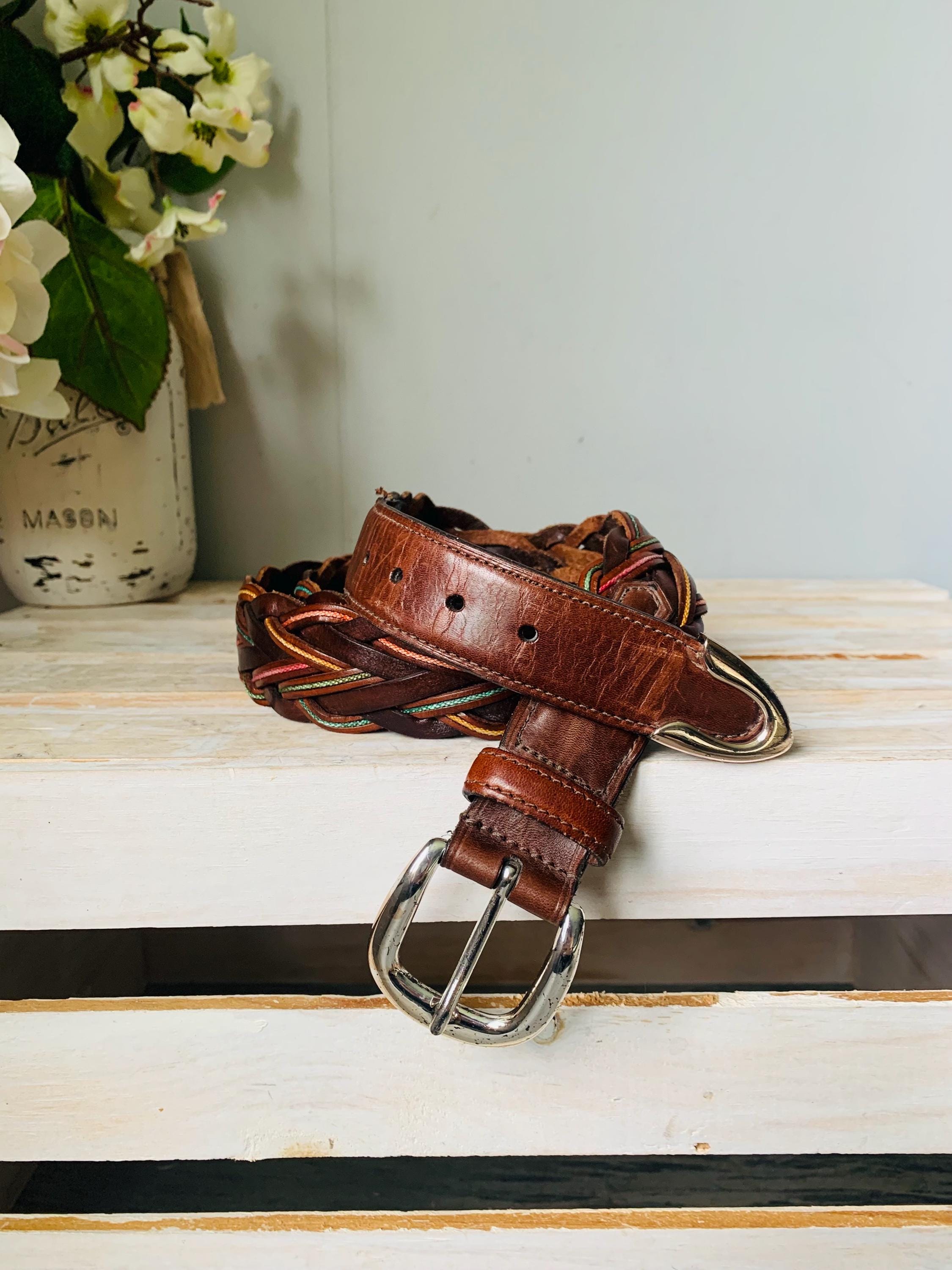 Brown Leather Belt Size 42 Solid Brass Buckle Woven  display picture 3