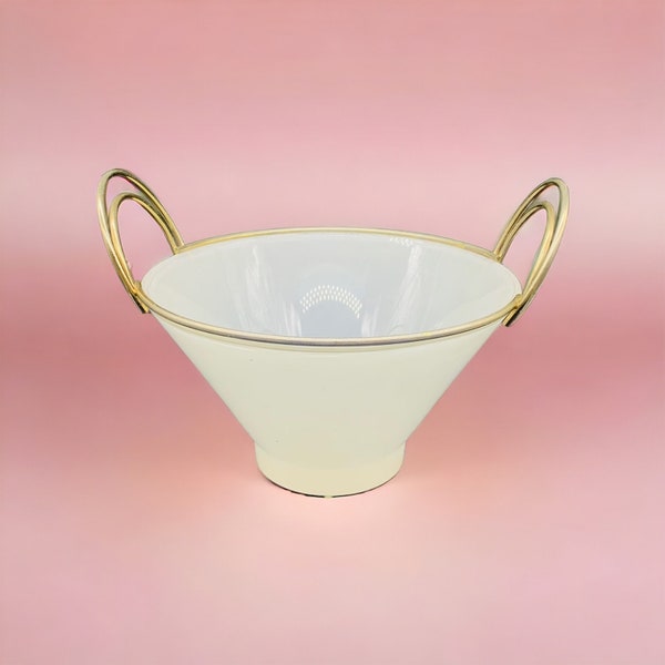 Vintage Art Deco Chip And Dip Bowl White Glass Curved Goldtone Handles MCM Large Salad Bowl Retro Punch Bowl Ice Bucket