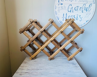 Vintage Wood Wine Rack Accordion Collapsible 8-10 Bottle Holder MCM