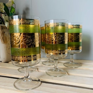 Vintage Culver Stylelite Set Mit 6 Highball Gläser Grün & 22K Gold Groovy Retro MCM Elegante Barware