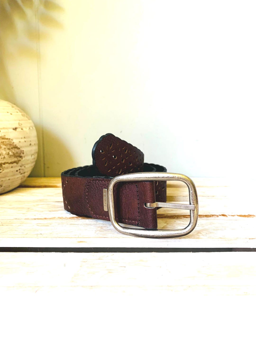 Relic Fossil Brown Leather Belt Perforated Flowers 