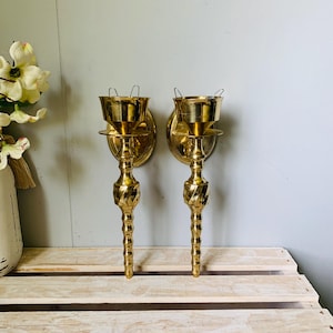 Vintage Pair Of Brass Twisted Candle Holders Gold Wall Sconces  Hollywood Regency