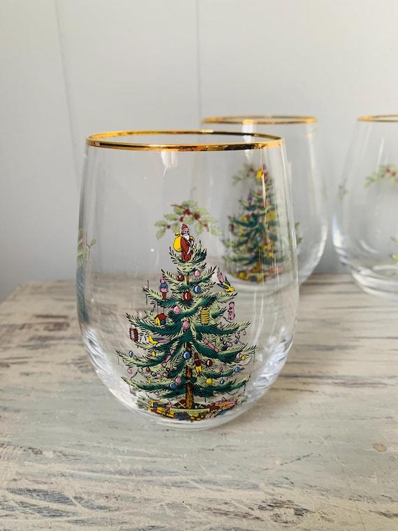 スポード クリスマスツリー ワイングラス：22Kゴールドリム、4個