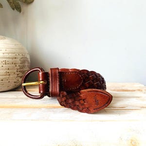 Vintage Ralph Lauren Polo Brown Braided Leather Unisex Belt Size 38 D Hook Western Preppy Business Casual