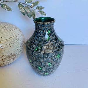 Art Pottery Vase Blue Green Geometric Design Jus’ Cuz Pottery Texas Signed 2009