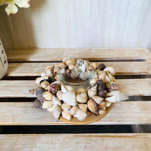 May include: A decorative candle holder made of various seashells, arranged around a small, clear glass bowl. The seashells are in shades of white, brown, and tan, creating a natural, coastal aesthetic. The holder sits on a round, wooden base.