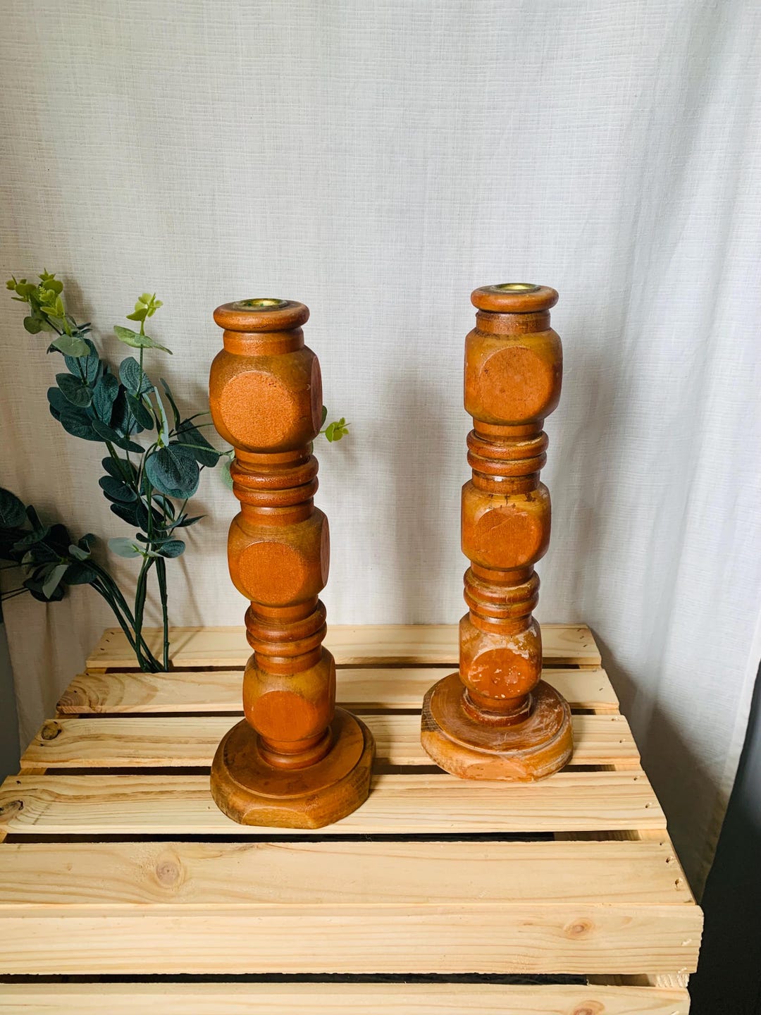 Vintage Pair of Turned Wood Candlestick Holders Tall 13” Ballister ...