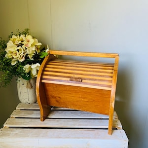 Vintage Wood Roll Top Sewing Box: Handmade Spool Storage Caddy, 1950s Crafting