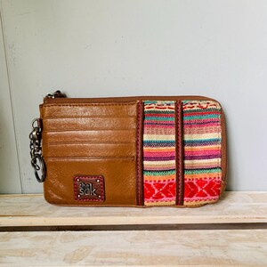 Die Sak Tan Leder Brieftasche Bunte Stoff Zip Rund Geldbörse Kartensteckplätze Toller Zustand!