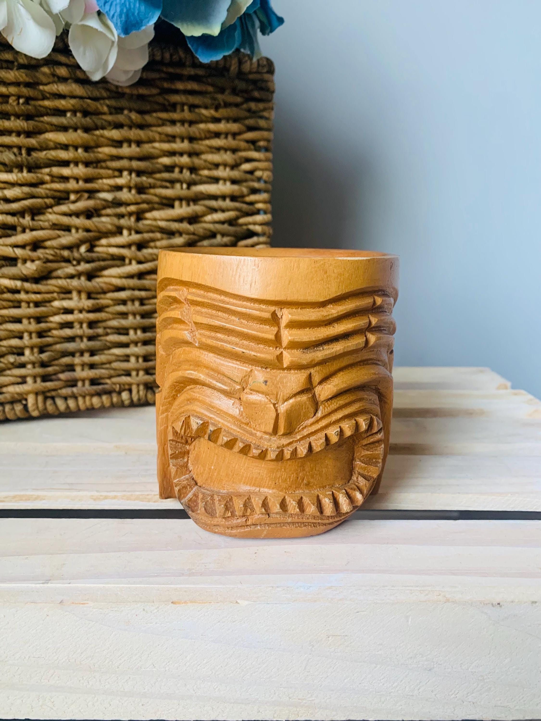 Vintage MCM Carved Tiki Mug Alii Monkey Pod Made in Philippines Tribal Man Cave Tiki Bar Rope Handle