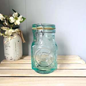 Vintage Bullseye Aqua Green Glass Canister Bale Hinged Lid Made in Italy Hermetic Kitchen Bathroom Storage Display