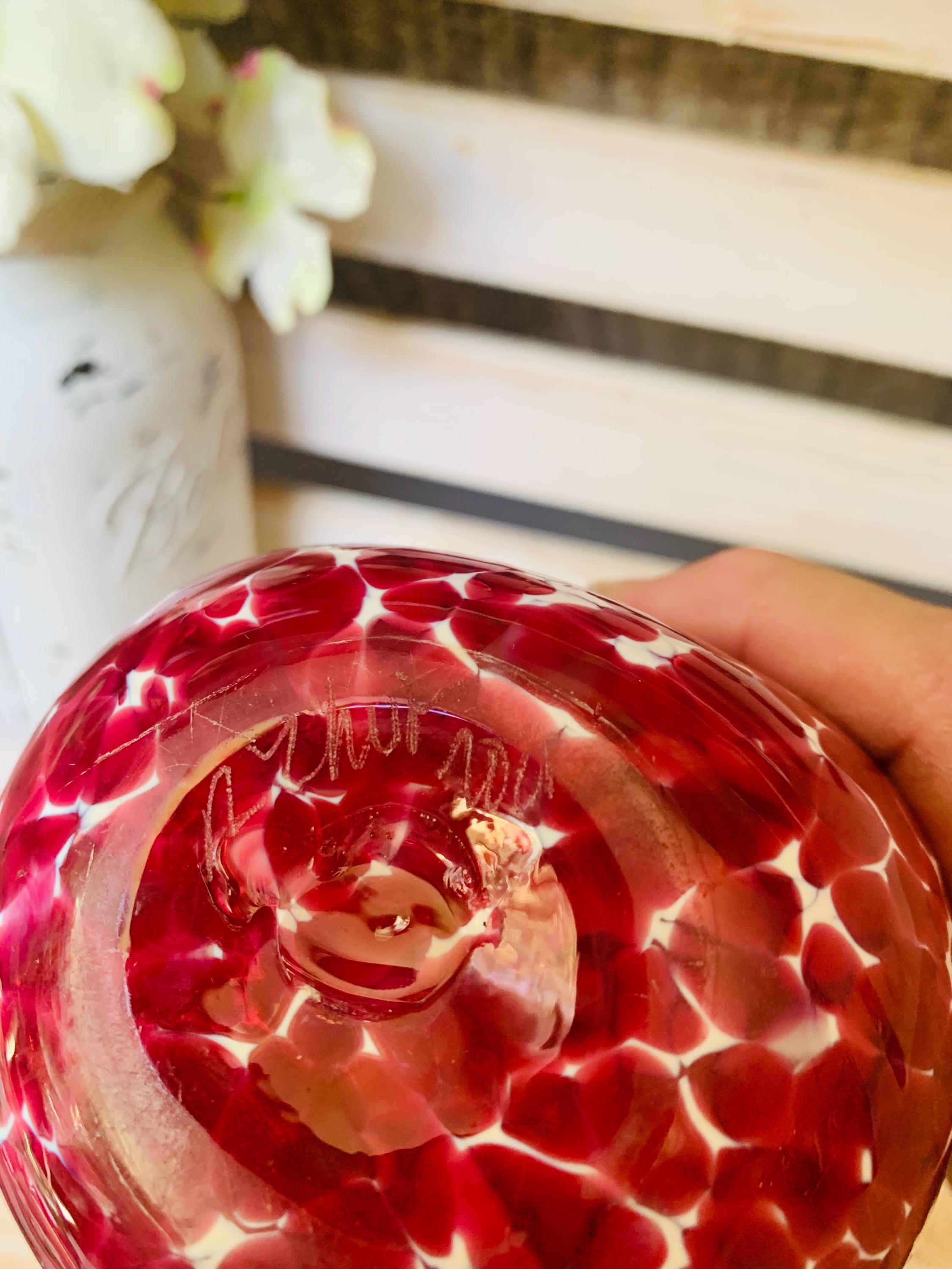 Art Glass Vase Signed Red White Mottled Glass Metal Top - Etsy 日本