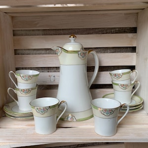 Vintage Nippon Chocolate Pot Set: Hand-Painted Art Deco Demitasse