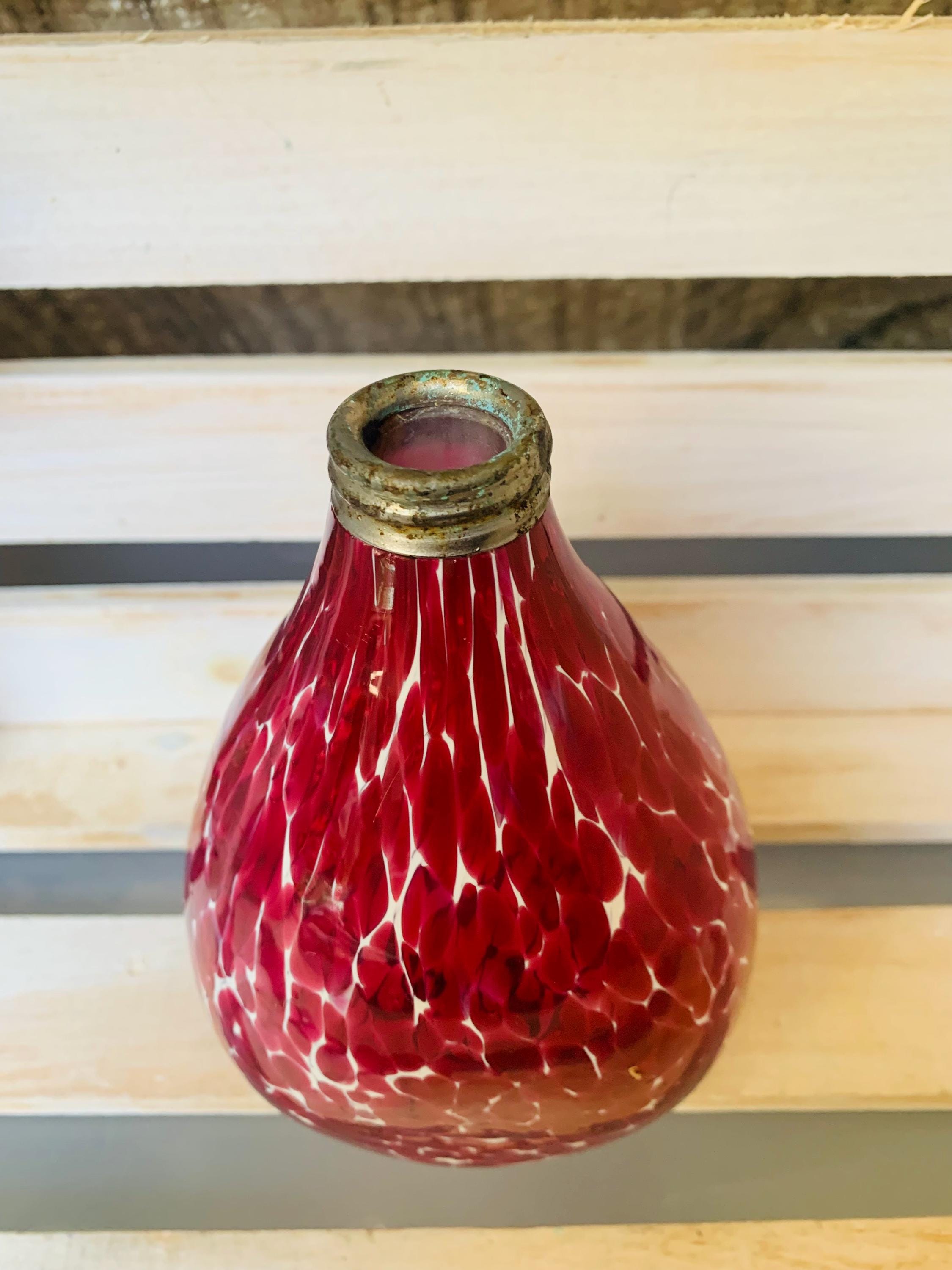 Art Glass Vase Signed Red White Mottled Glass Metal Top - Etsy 日本