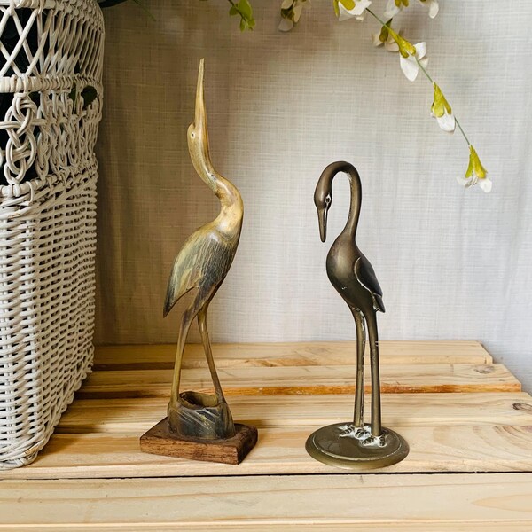 Vintage Hand Carved Cranes Herons, Buffalo Horn, Brass, Wood Base 6” 8”