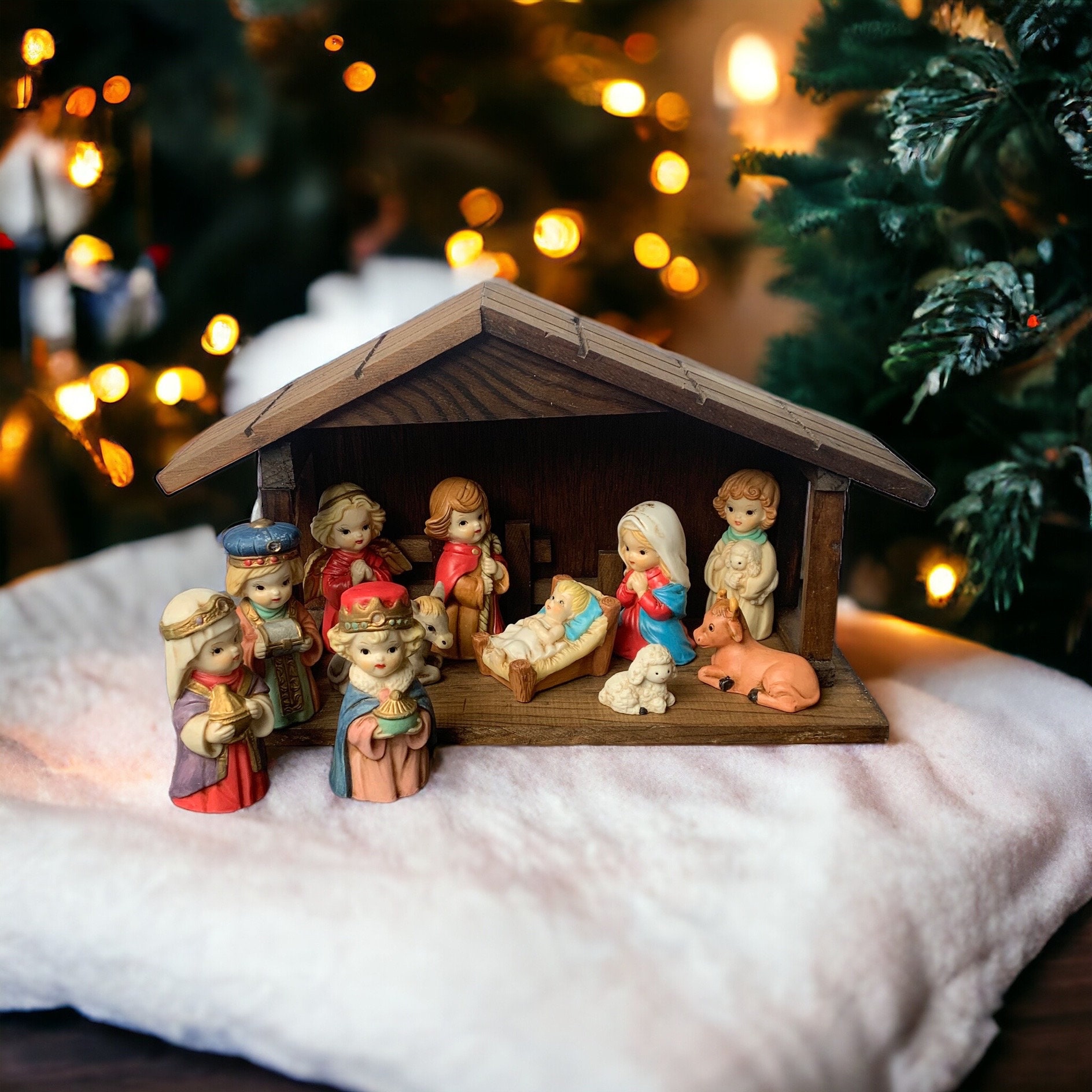 Vintage Childs Nativity Set Sears And Roebuck 11 Pieces Christmas Display  Wood Manger Porcelain Figurines