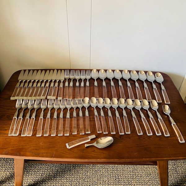 Vintage Lucite Flatware Set 47 Pieces Vivron MCM Stainless Steel Cutlery