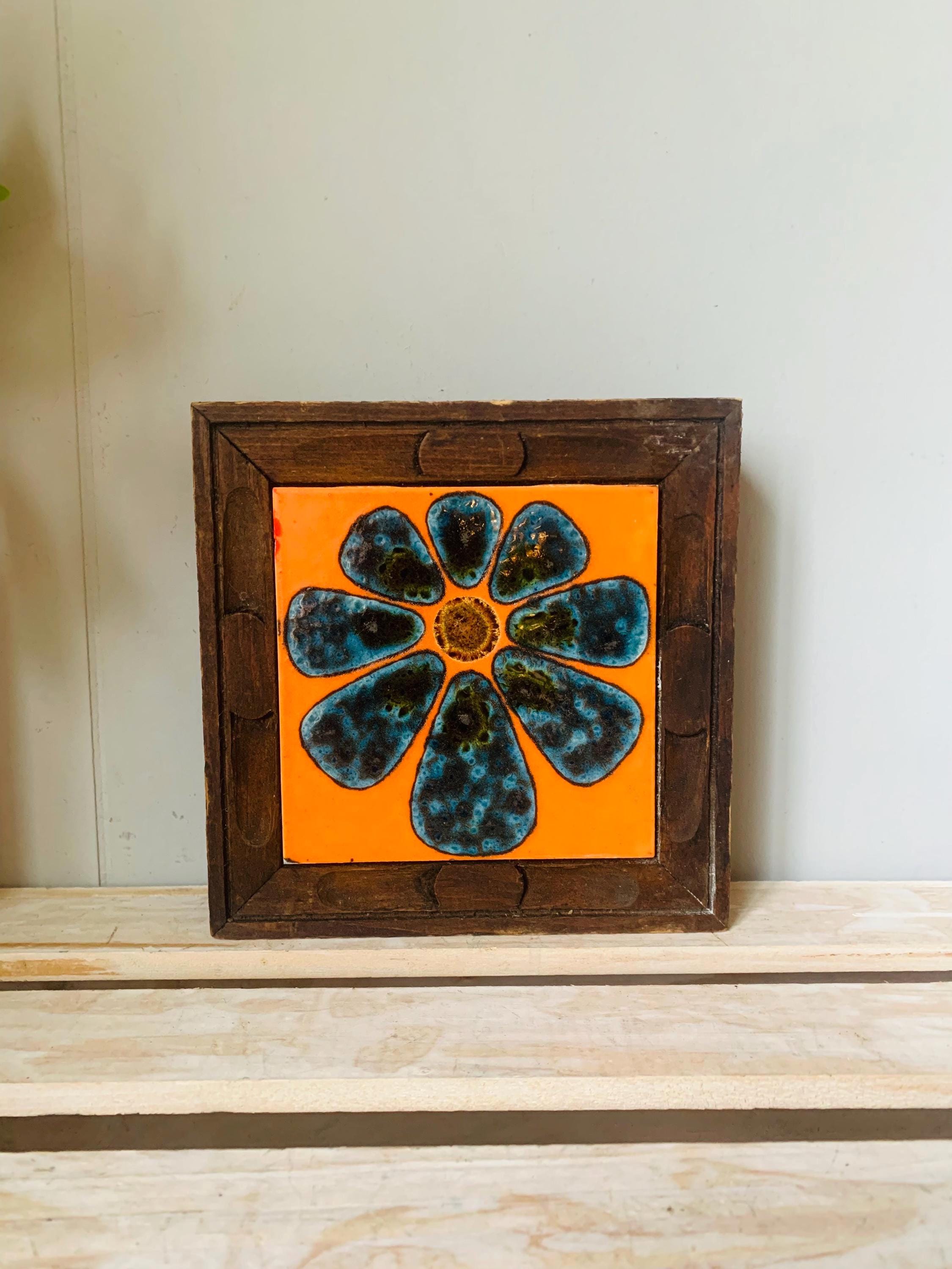 Vintage MCM Tile Trivet Footed Hand Carved Wood Orange and Blue Flower Made In Spain Very Groovy 1960’s Style!
