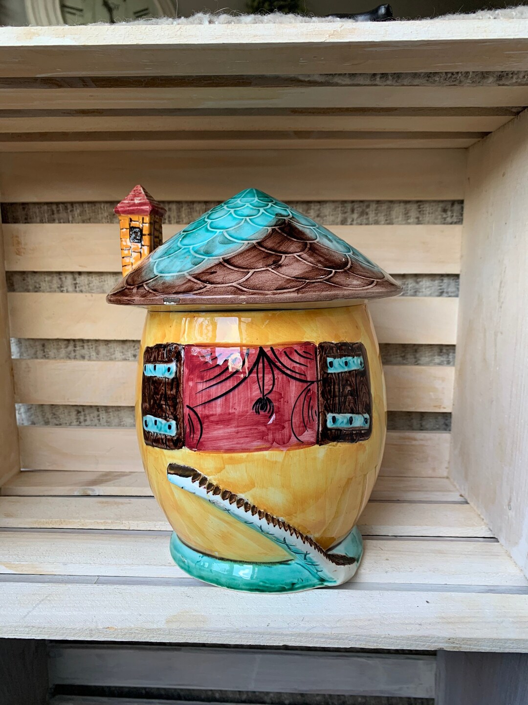 Vintage Italian Cookie Jar House Shaped Chimney Yellow and Blue