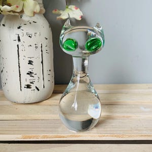 Swedish Blown Glass Cat Figure Green Eyes MCM Gullaskruf Art Glass Sweden