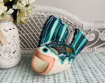Vintage Lanz Russell Ceramic Whimsical Fish Soap Holder Teal Green Blue Peach Hand Painted 1990s