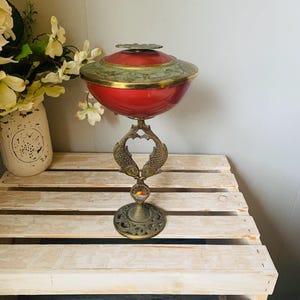 Vintage Tamar Israel Brass Pedestal Bowl Tomb of Rachel Eliat Stone Eyes Ornate Red Enamel 10 x 6 Vintage Judaica