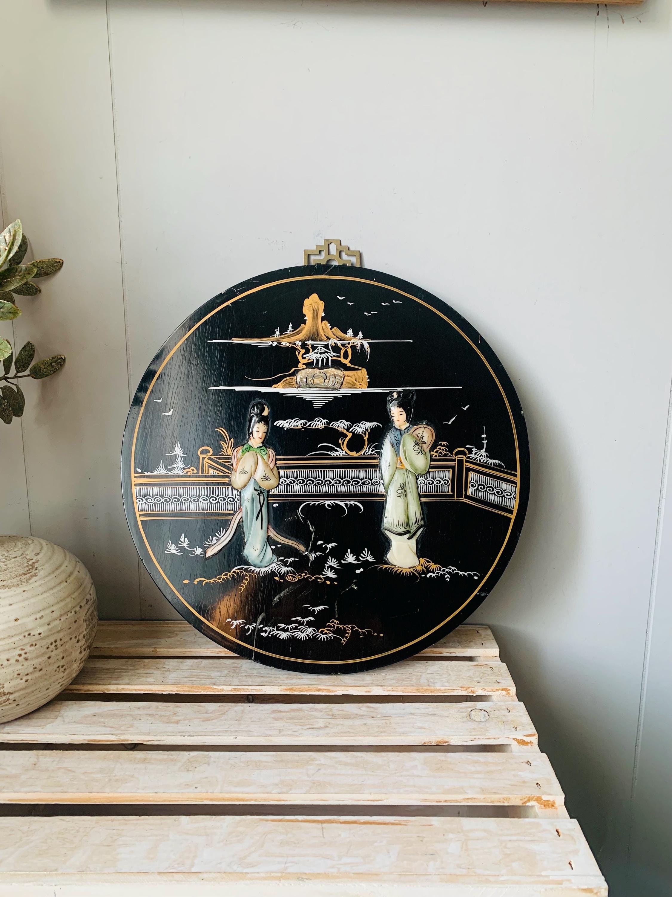 Vintage Black Lacquer Asian Art Plaque: Mother of Pearl Geisha