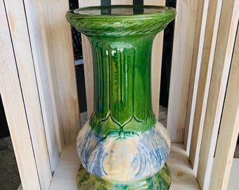 Antique McCoy Majolica Pedestal: Lady Portrait, Mission Arts Crafts Era, Blue Drip Glaze