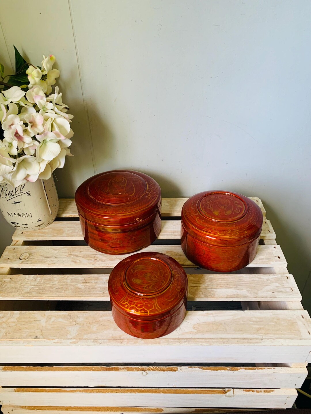 Vintage Nesting Bowls With Lids: Boho Tiki Decor, Set of 3 - Etsy