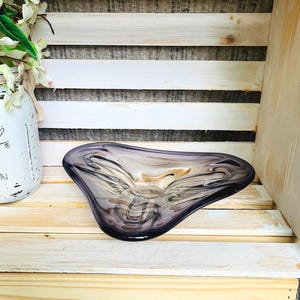Vintage Art Glass Bowl Smokey Purple Free Form MCM Decor Boomerang Shape